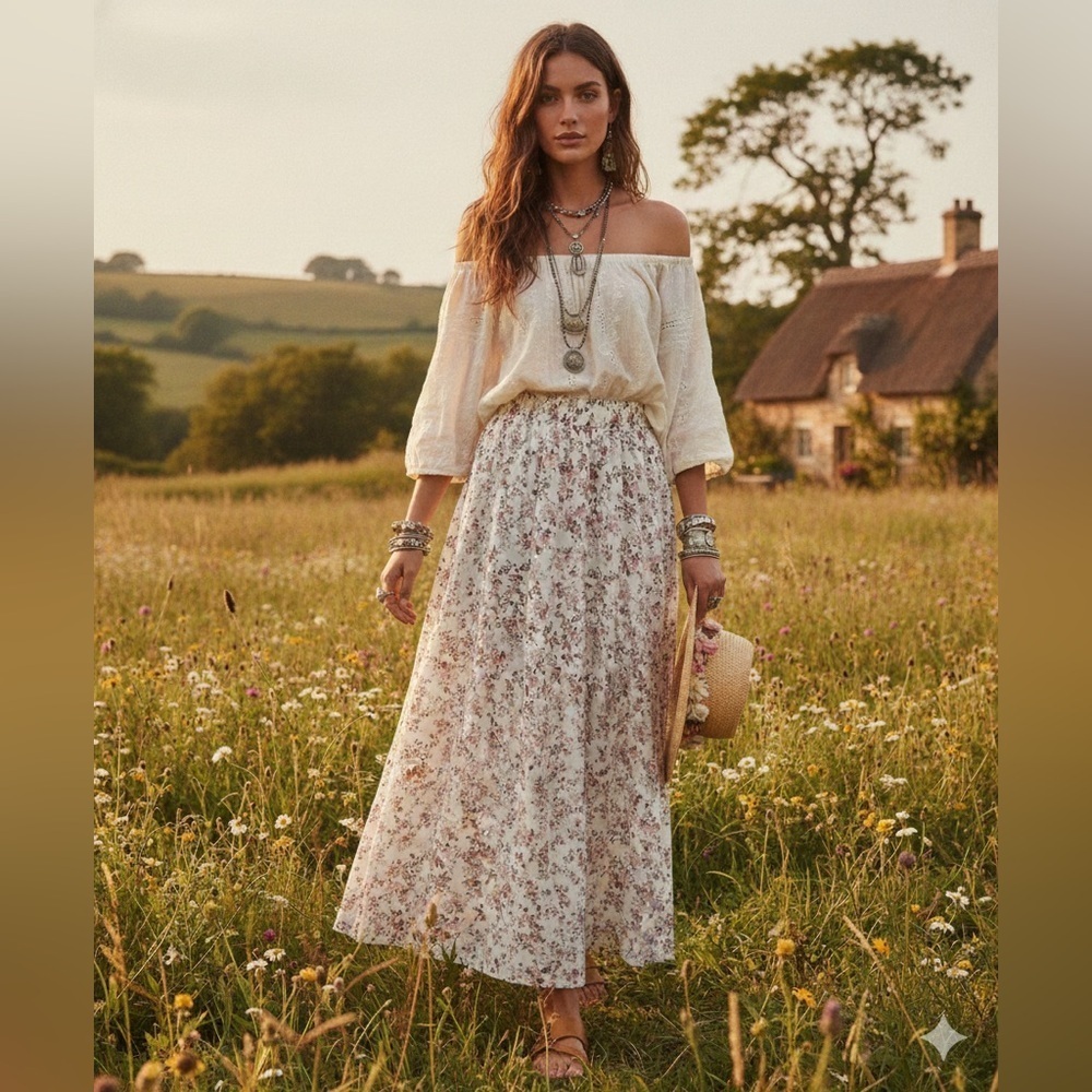 Boho Cottagecore Floral Maxi Skirt Cream Pink Size L Prairie Romantic Hippie